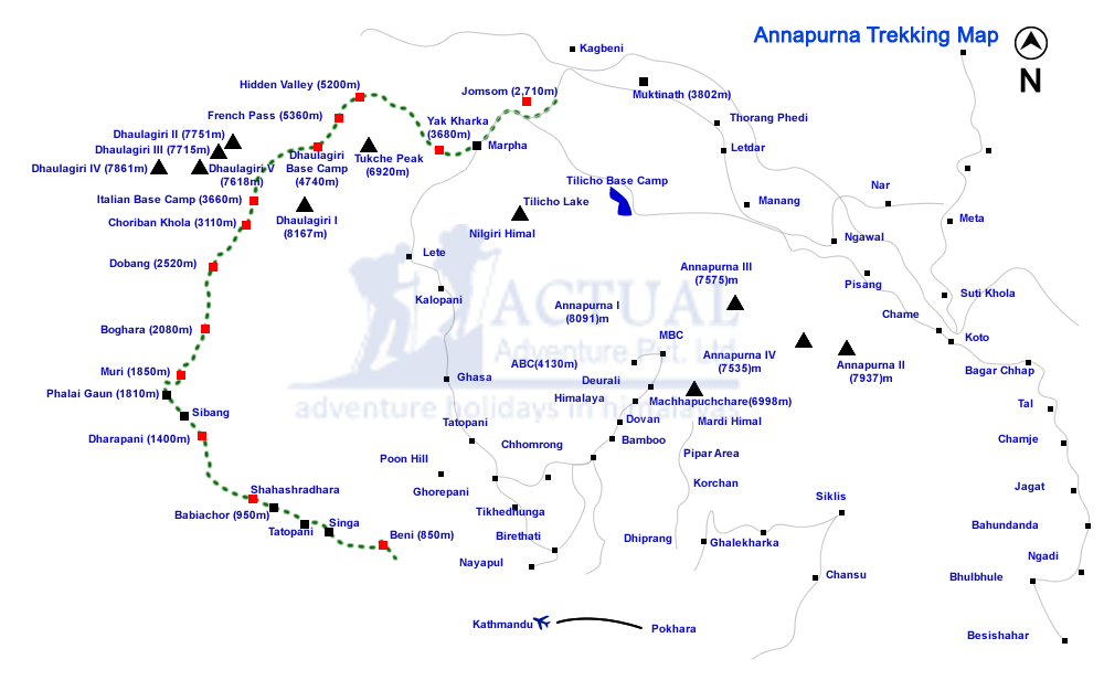 Route map for Annapurna Base Camp Trek